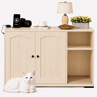 Cat Litter Box Enclosure Cabinet for Self-Cleaning Boxes, Charging and End Table