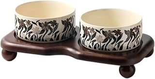 Ceramic Cat Bowl Set with Wooden Stand, Elevated Anti-Slip Pet Feeder