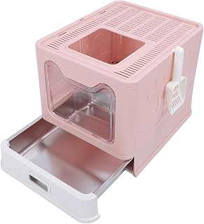 Enclosed Stainless Steel Cat Litter Box, Peach Pink