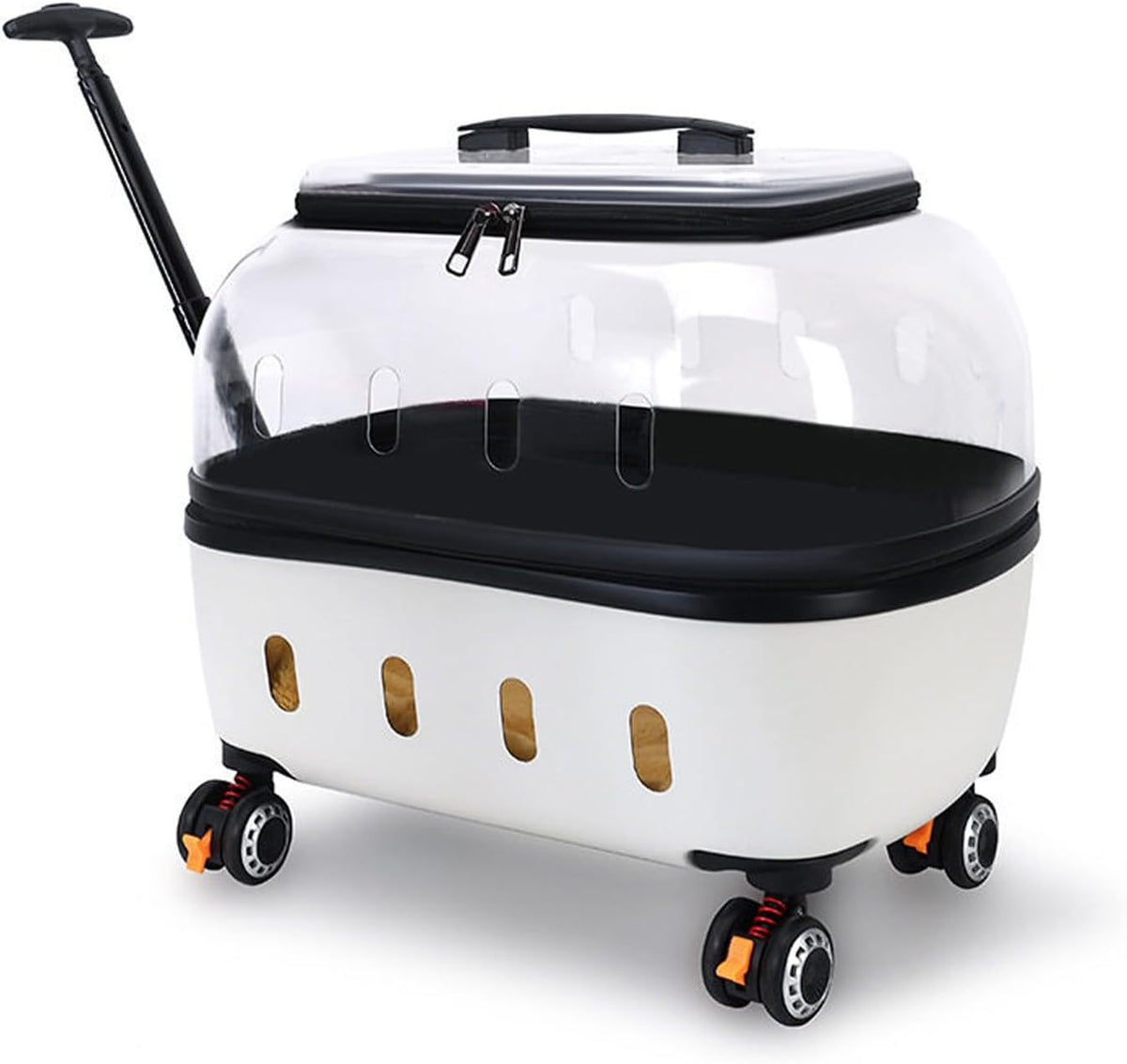 Transparent hard shell rolling pet carrier with wheels and telescoping handle