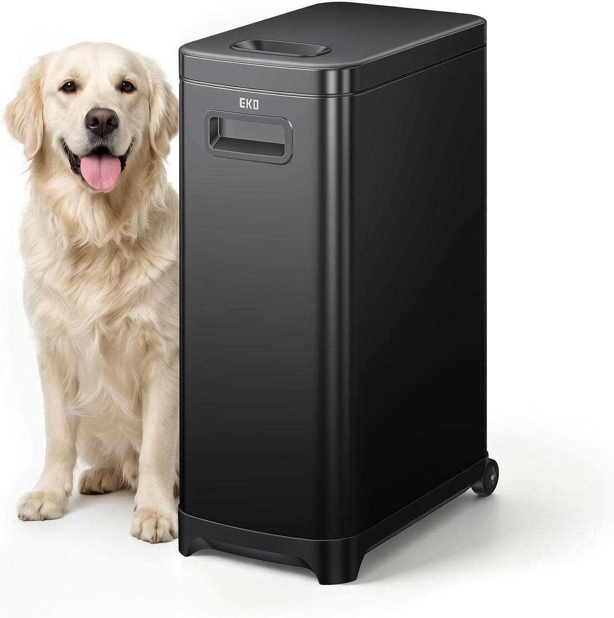 45 lb airtight pet food storage container with locking lid, wheels and scoop