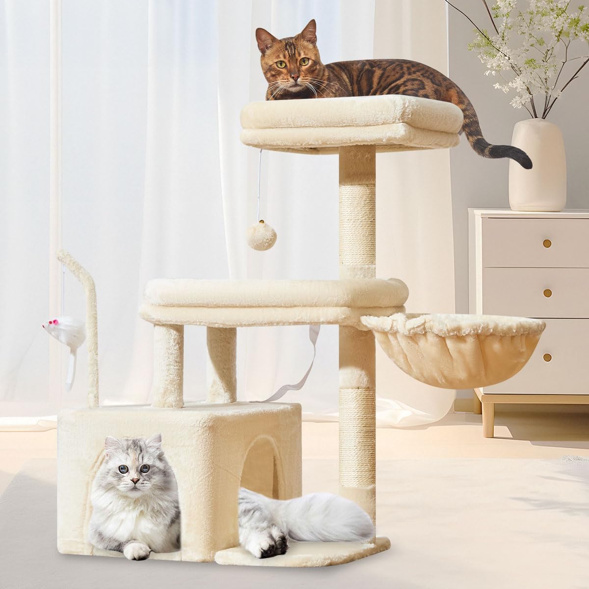 Light gray 79 inch cat tree with two condos, hammock and basket – view 9