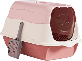 Hooded Cat Litter Tray with Door, Reusable Enclosed Toilet, Pink