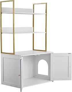27.6 in Cat Litter Box Enclosure Furniture with Metal Legs and 2-Tier Storage Shelves, Waterproof