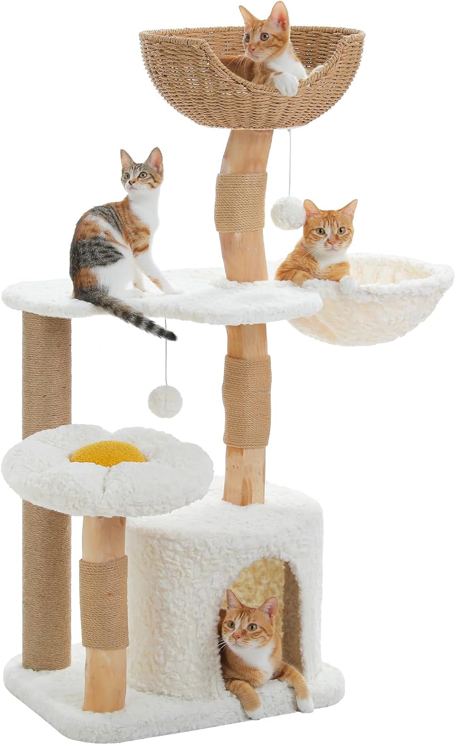 White boho flower-shaped cat tower, 48.5 inches tall
