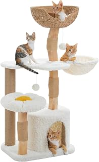 Boho Cat Tree for Large Cats, 48.5" Flower Cat Tower, White