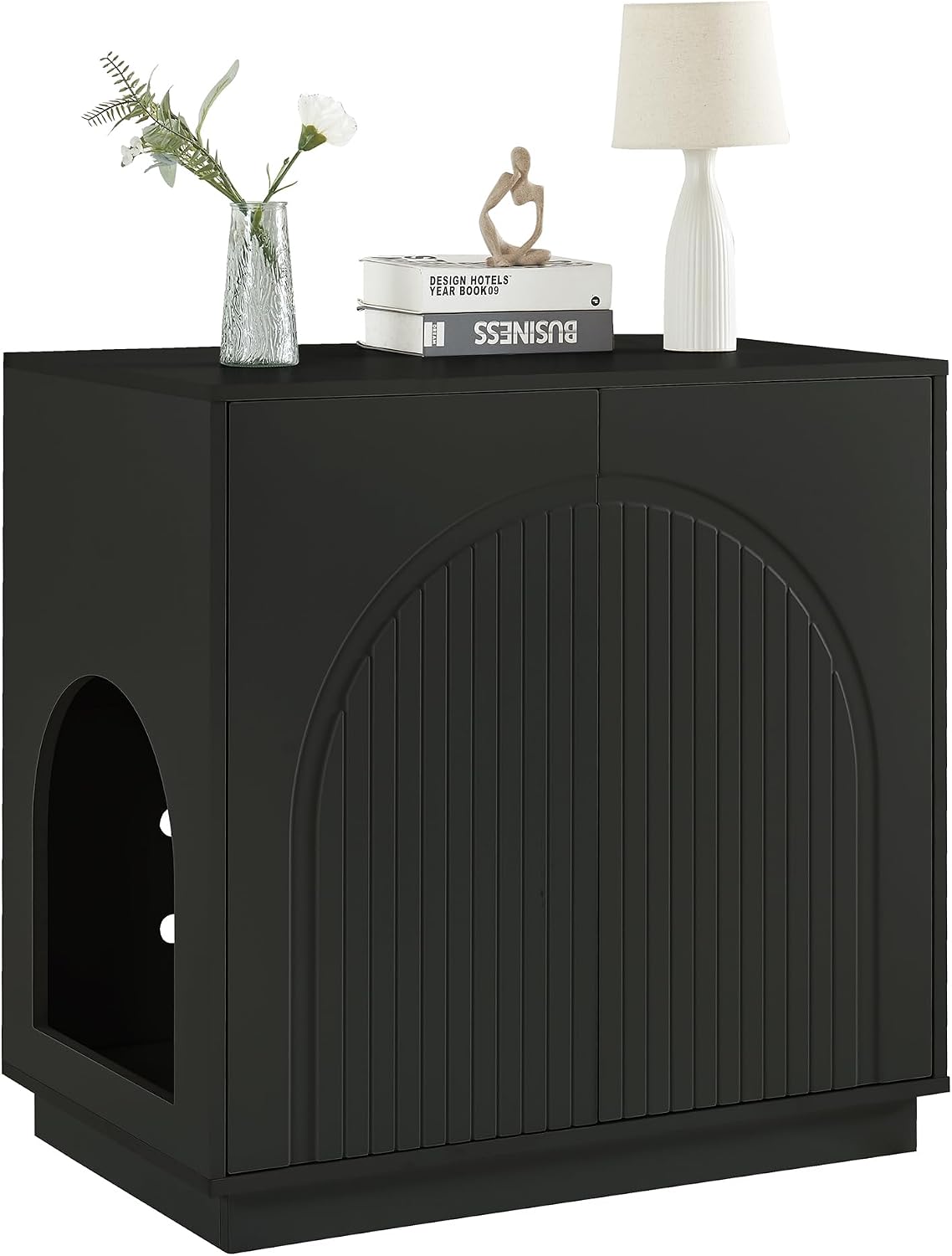 Large litter box enclosure cabinet with side entrance and two doors