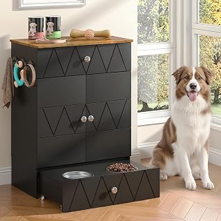 Pet Feeding Station with Storage, Raised Bowl Stand and Feeder Cabinet with Adjustable Shelves, Rolling Drawer and Hooks
