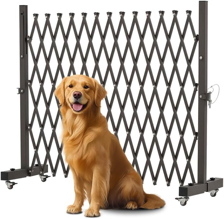Brown expandable metal barricade on casters in a garage – view 2