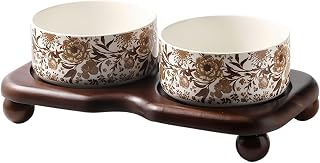Ceramic Cat Bowl Set with Wooden Stand, Elevated Anti-Slip Pet Feeder