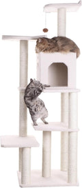 Ivory six-level cat tree with two-door condo and sisal posts