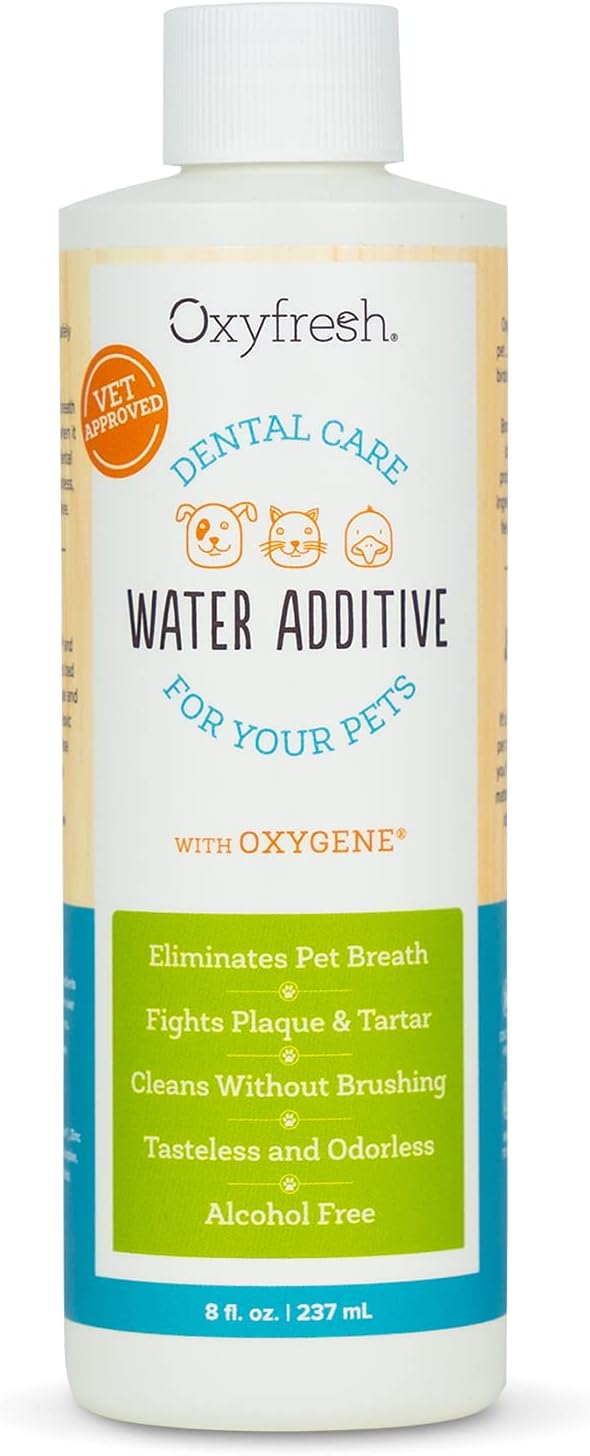 Bottle of pet dental water additive next to a dog water bowl – view 4