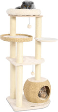 Brown modern cat tree with wicker cat house and plush perch – view 2