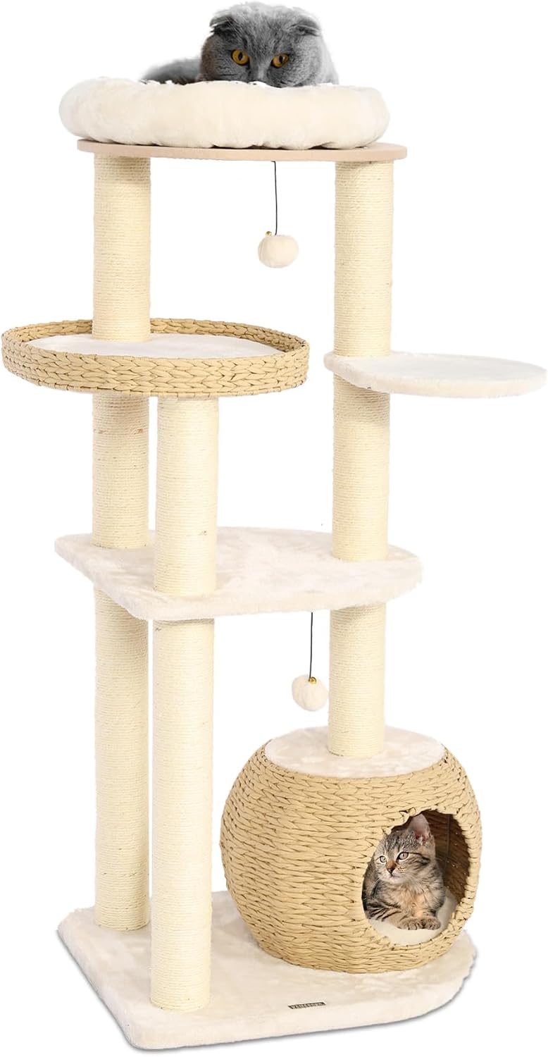 Brown modern cat tree with wicker cat house and plush perch – view 2