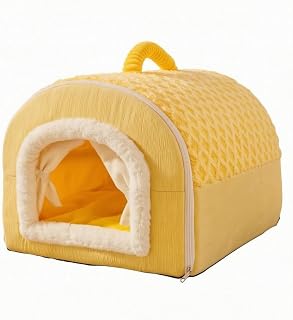Indoor Semi-Enclosed Cat Bed with Soft Surface, Yellow, XL