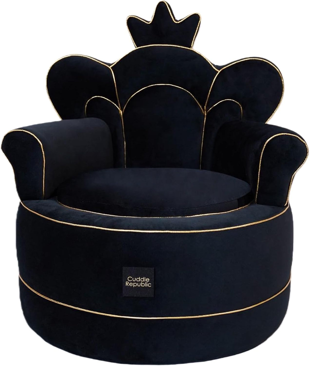 Black velvet throne-style pet sofa with gold trim and foam cushion