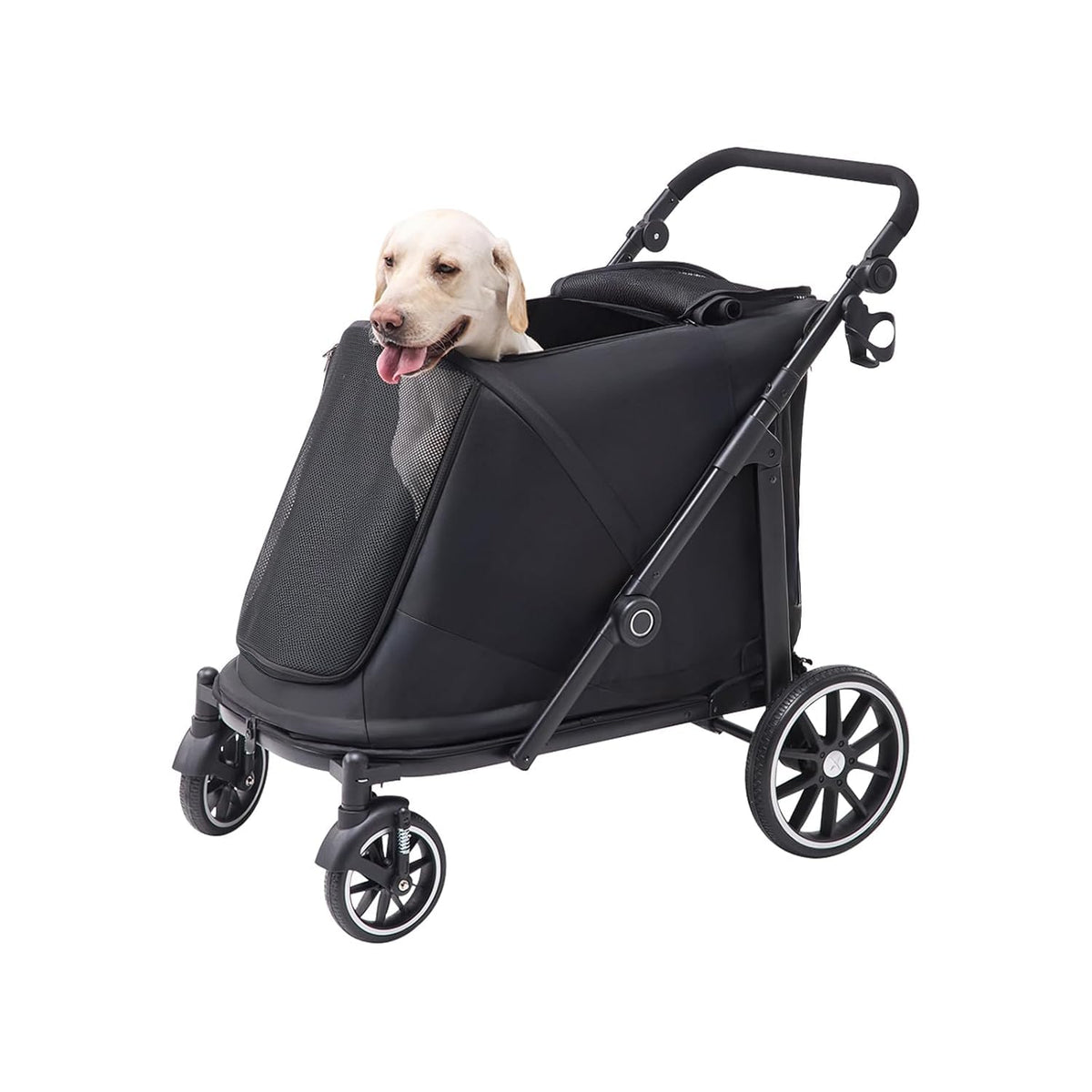 Dark grey 3-in-1 foldable pet stroller with solid rubber wheels – view 3