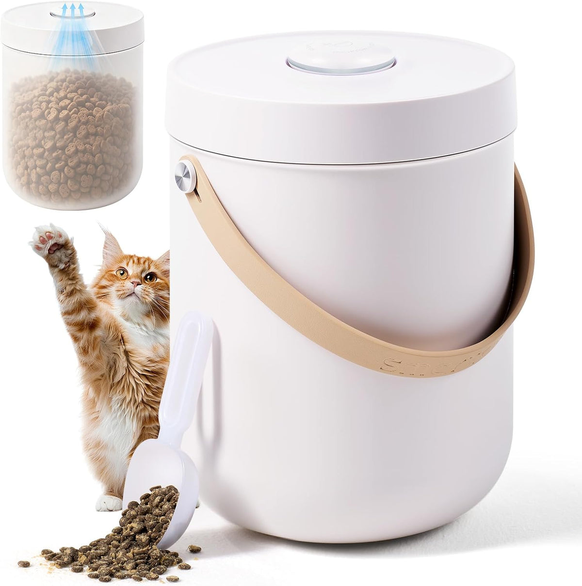 Vacuum-seal pet food storage container with scoop