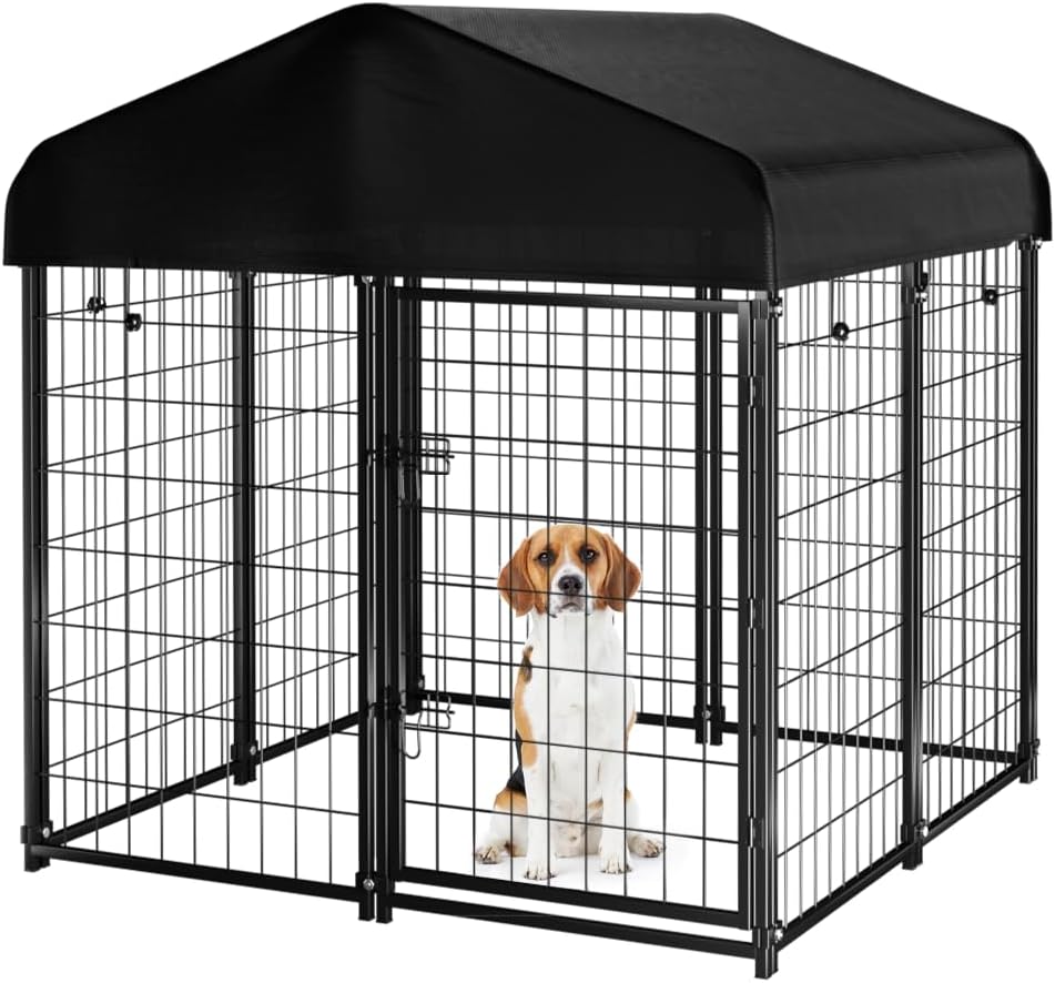Outdoor welded wire dog kennel with fabric roof cover on grass