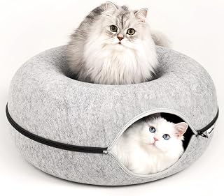 Peekaboo Cat Cave, Round Felt Donut Tunnel Bed with Zipper, for Medium and Large Cats up to 24 lbs, 24 x 24 x 11 Inch