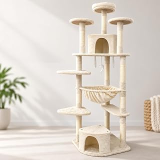 80.7-Inch Multi-Level Cat Tree Tower for Large Cats, 5 Sisal Scratching Posts, 2 Condos and Hammock, Beige
