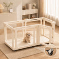 Clear acrylic puppy playpen on a wheeled base plate