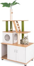 Tangkula 2-in-1 Cat Tree with Hidden Litter Box Enclosure, Condo, Sisal Scratching Posts, Hanging Rope, Dangling Balls and