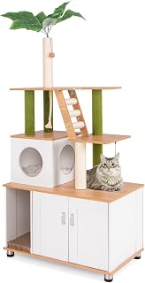 Tangkula 2-in-1 Cat Tree with Hidden Litter Box Enclosure, Condo, Sisal Scratching Posts, Hanging Rope, Dangling Balls and