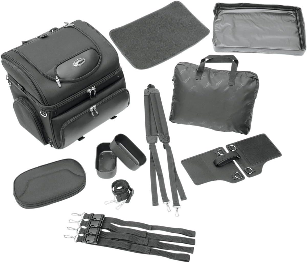 Black vented motorcycle pet carrier bag mounted on a seat