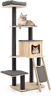 PETSITE 69 Inch Wooden Cat Tree Tower with Sisal Posts and Board, Condo and Top Perch, Grey