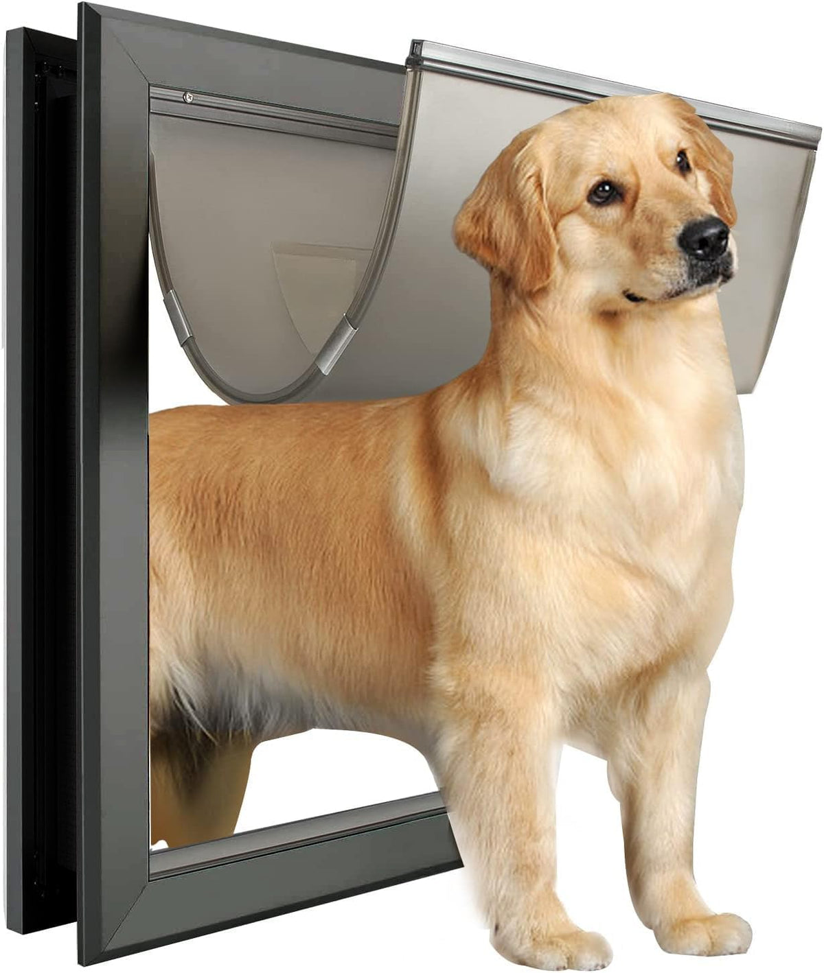 Black extra large aluminum dog door with magnetic flap installed in a door