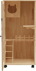 Large Wooden Cat House with Scratching Post and Wheels, Luxury Cat Condo