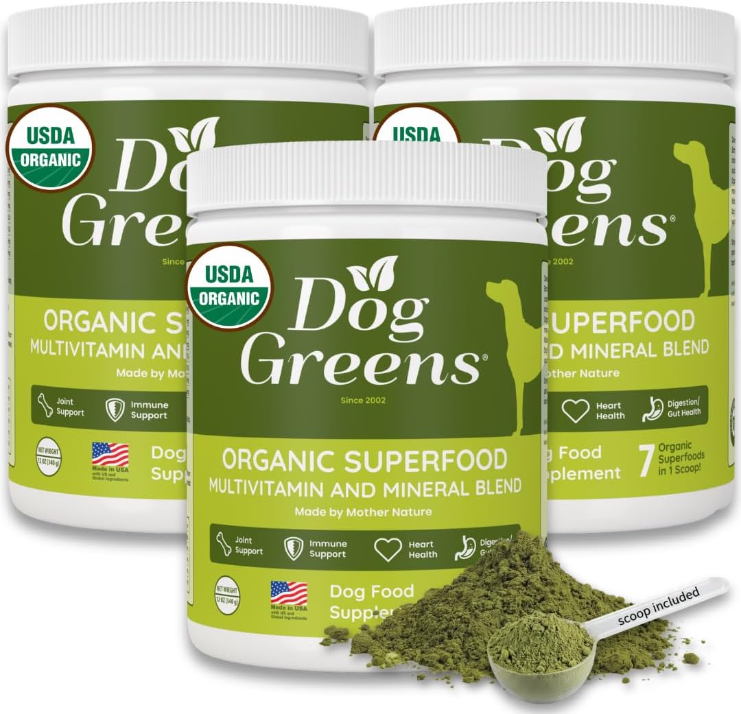 Three 12 oz containers of organic superfood powder supplement for dogs
