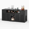 Black litter box enclosure cabinet with two compartments and power socket