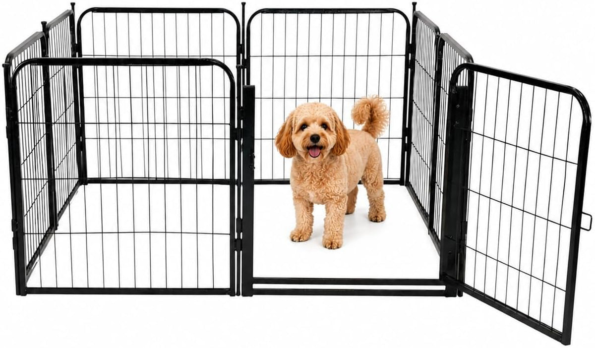 Black 40 inch tall metal dog playpen with eight panels and wide door – view 4