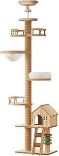 Floor to Ceiling Cat Tree with Adjustable Height 98 to 110 Inch, Wood Condo