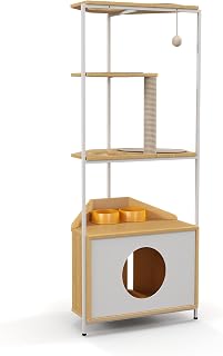 Corner Cat Tower with Scratching Post, Condo, Feeding Station and Climbing Platforms for Indoor Cats