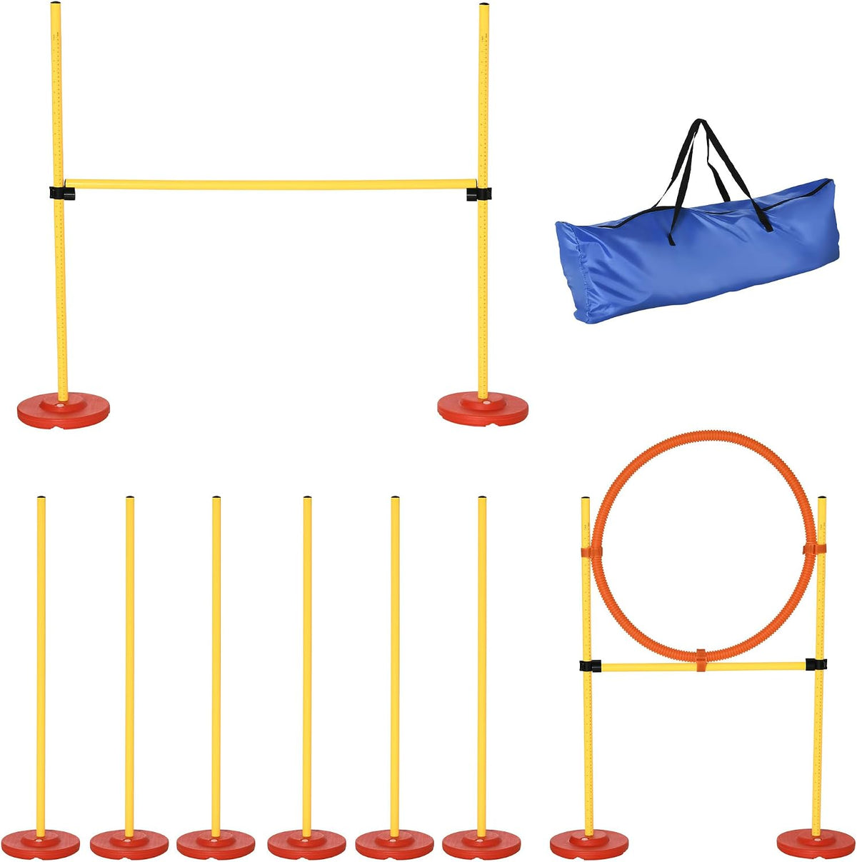 Dog agility kit with jump hoop, hurdle bar and six weave poles set up on grass