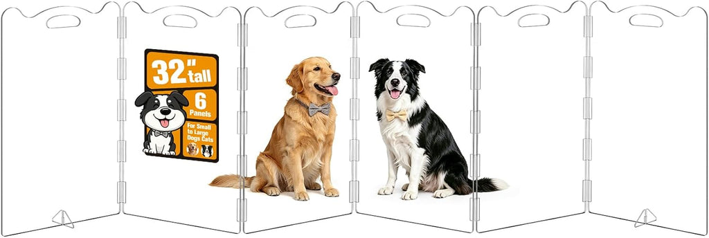 Clear acrylic six-panel freestanding pet gate with support feet in a living room
