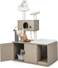 Grey cat tree tower built on a hidden litter box cabinet