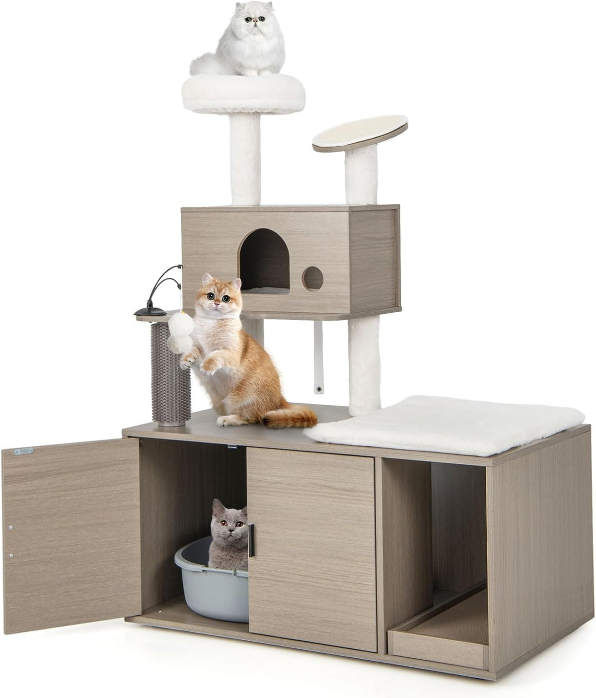 Grey cat tree tower built on a hidden litter box cabinet