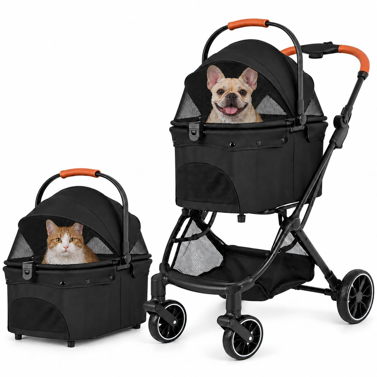 Black pet stroller with detachable carrier and dual-side canopy – view 2