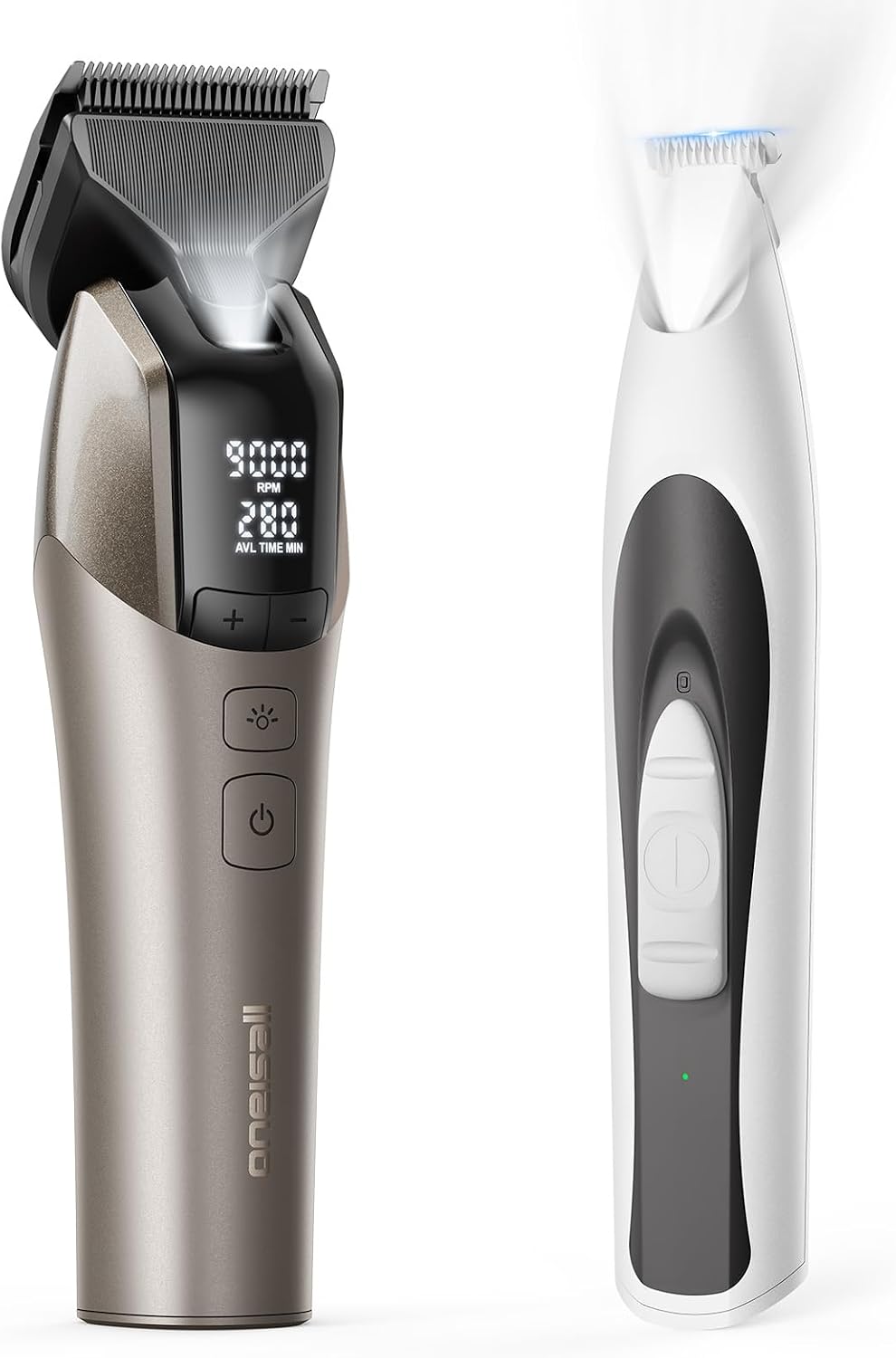 Dog grooming clippers and small paw trimmer shown together