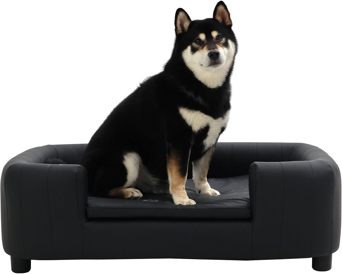 Black elevated PU dog sofa with adjustable legs