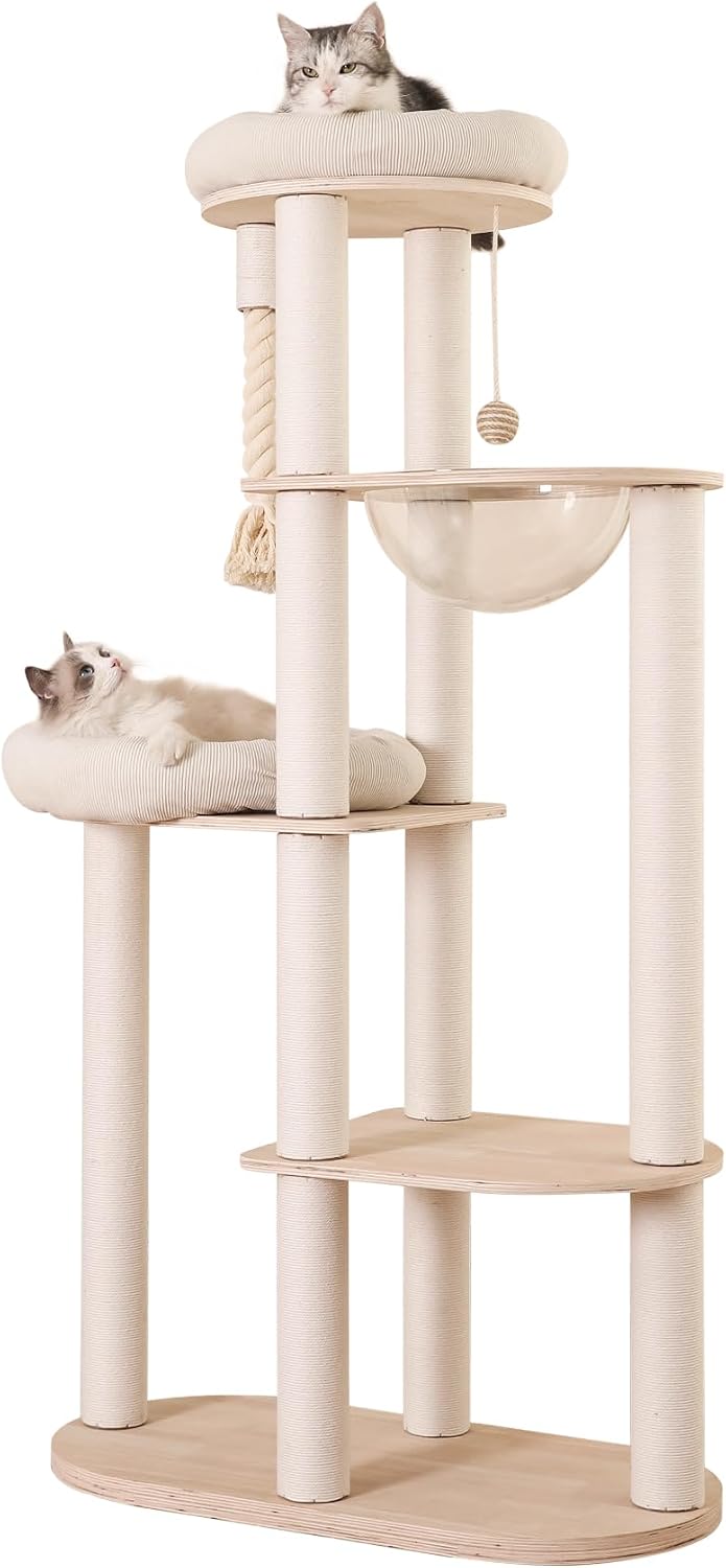 59 inch five-level wooden cat tree with hammock and scratching posts