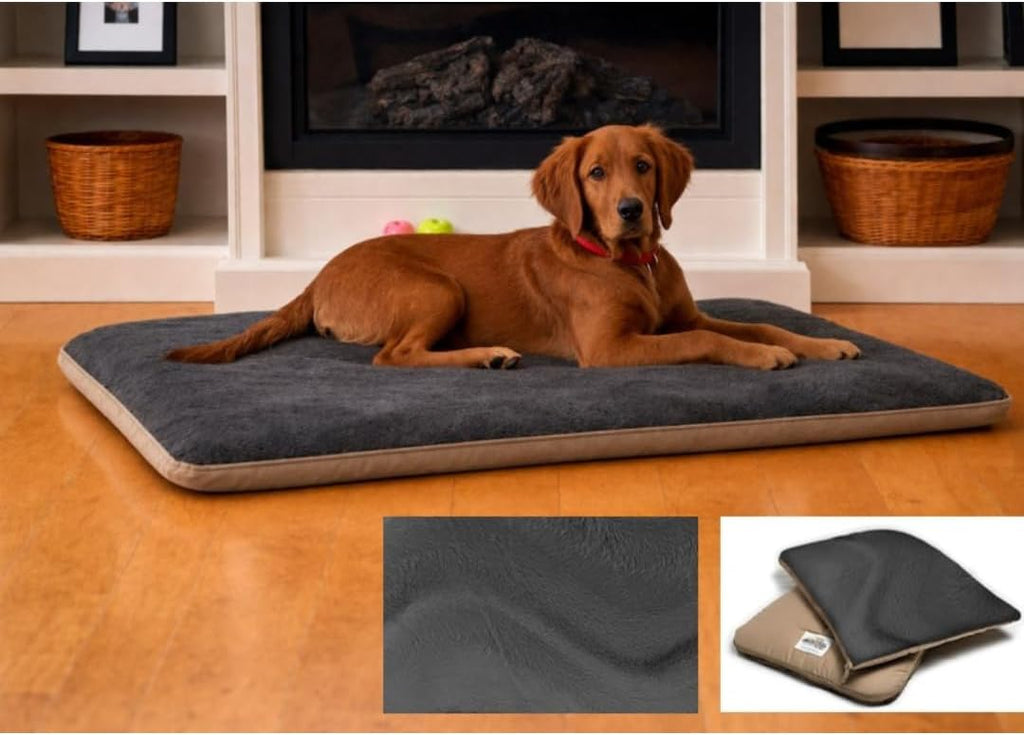 Dark gray rectangular washable dog bed with zip-open design