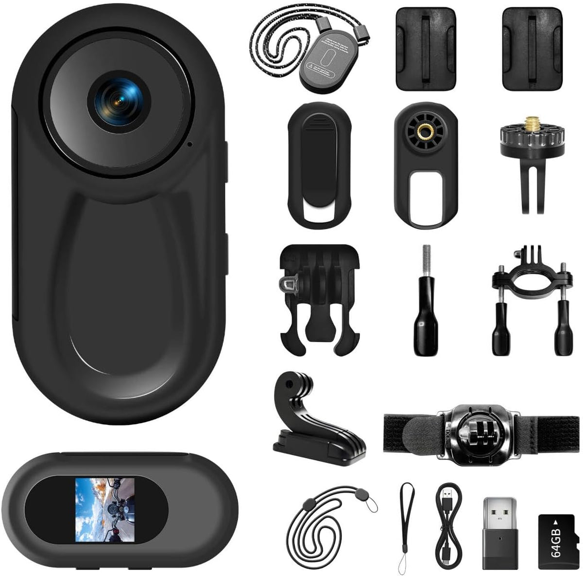 Mini 1080P body camera with LCD screen, pet collar mount and bicycle bracket