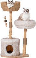 Natural wood branch cat tower with wicker basket and plush platforms