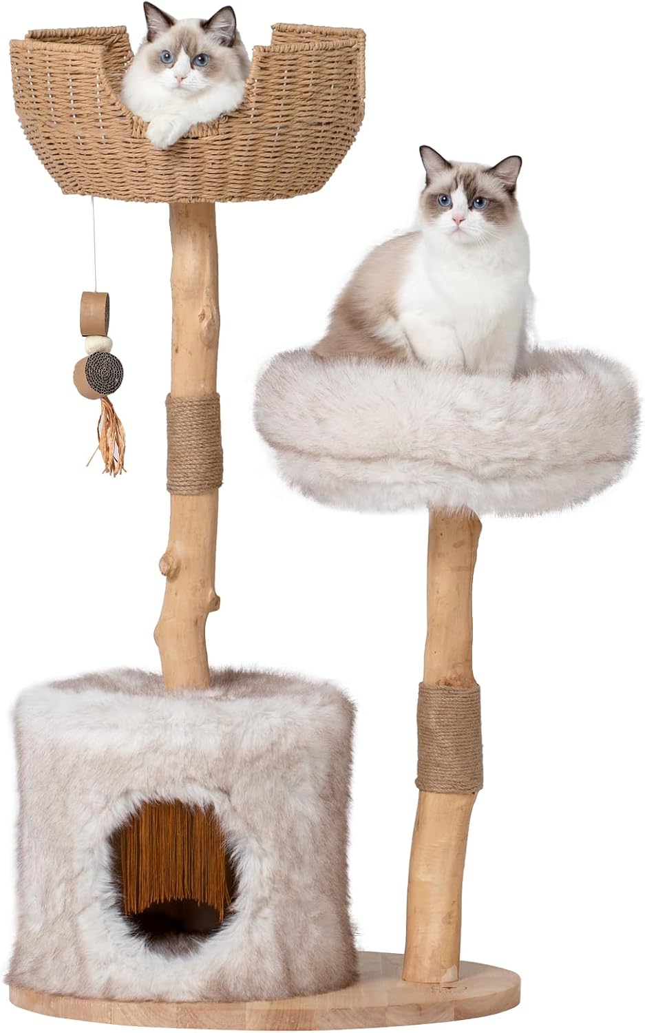 Natural wood branch cat tower with wicker basket and plush platforms