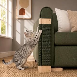 Modern Cat Scratching Post with Sisal Rope, Green Fabric Cover, Natural Wood Base, 18x12x24 Inch